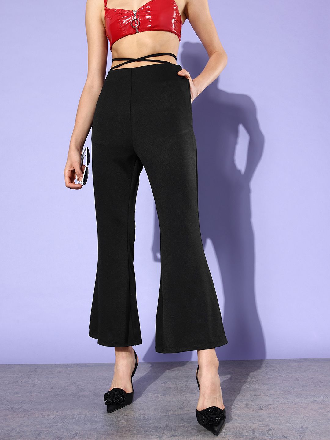 Dressberry Women Jet Black Waist Tie-Up Detail Hardware Trousers