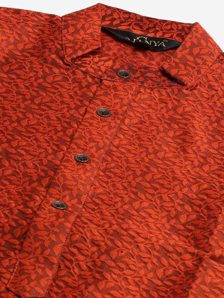 SOJANYA Men Orange & Yellow Ethnic Motifs Woven Design Kurta with Churidar & Nehru Jacket