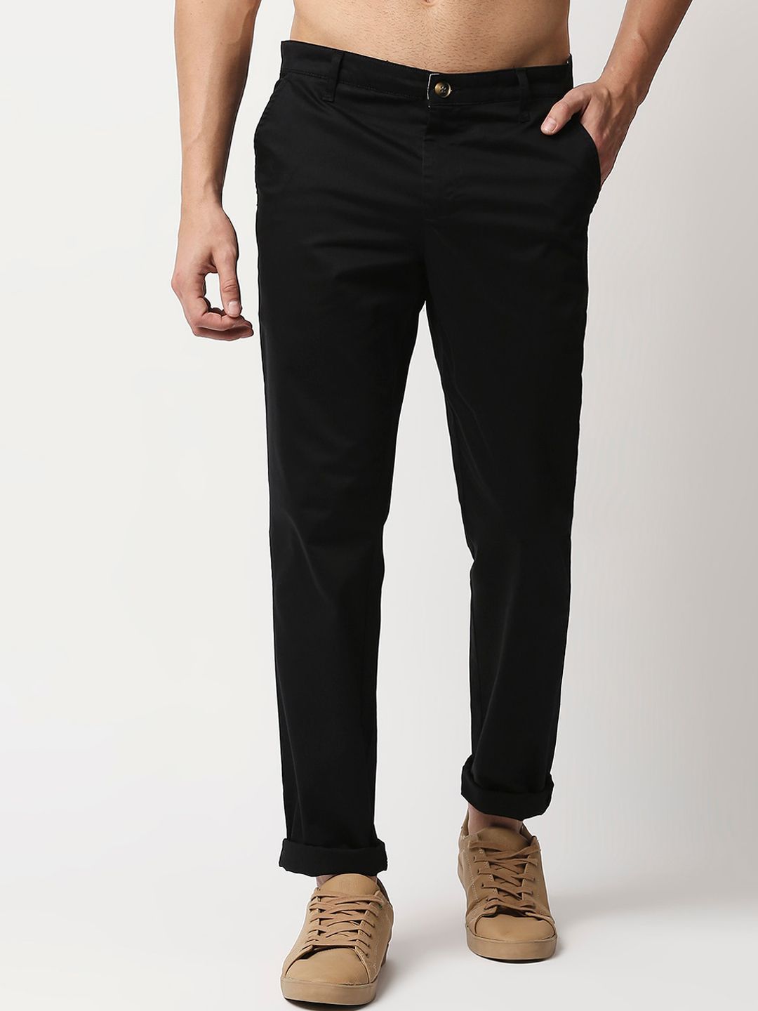 Thomas Scott Men Black Easy Wash  RegularChinos Trousers