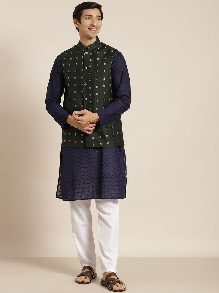 SOJANYA Men Navy Blue Ethnic Motifs Pure Cotton Kurta with Churidar & Nehru Jacket