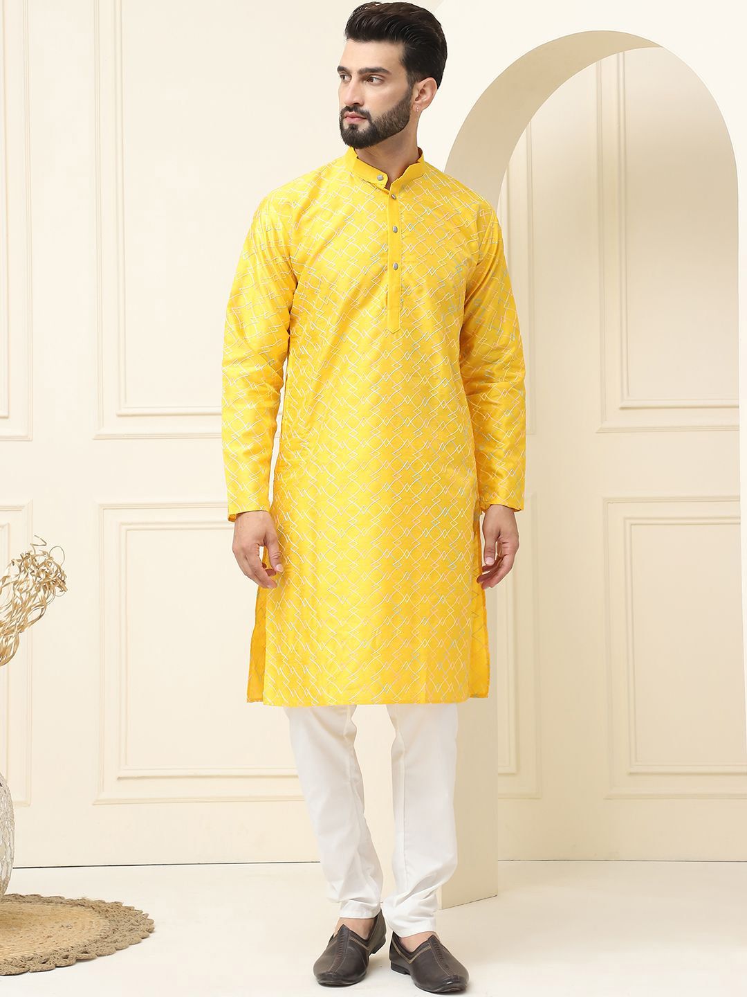 SOJANYA Kurta Lurus Sulam Sulam Geometrik Kapas Sutera dengan Piyama