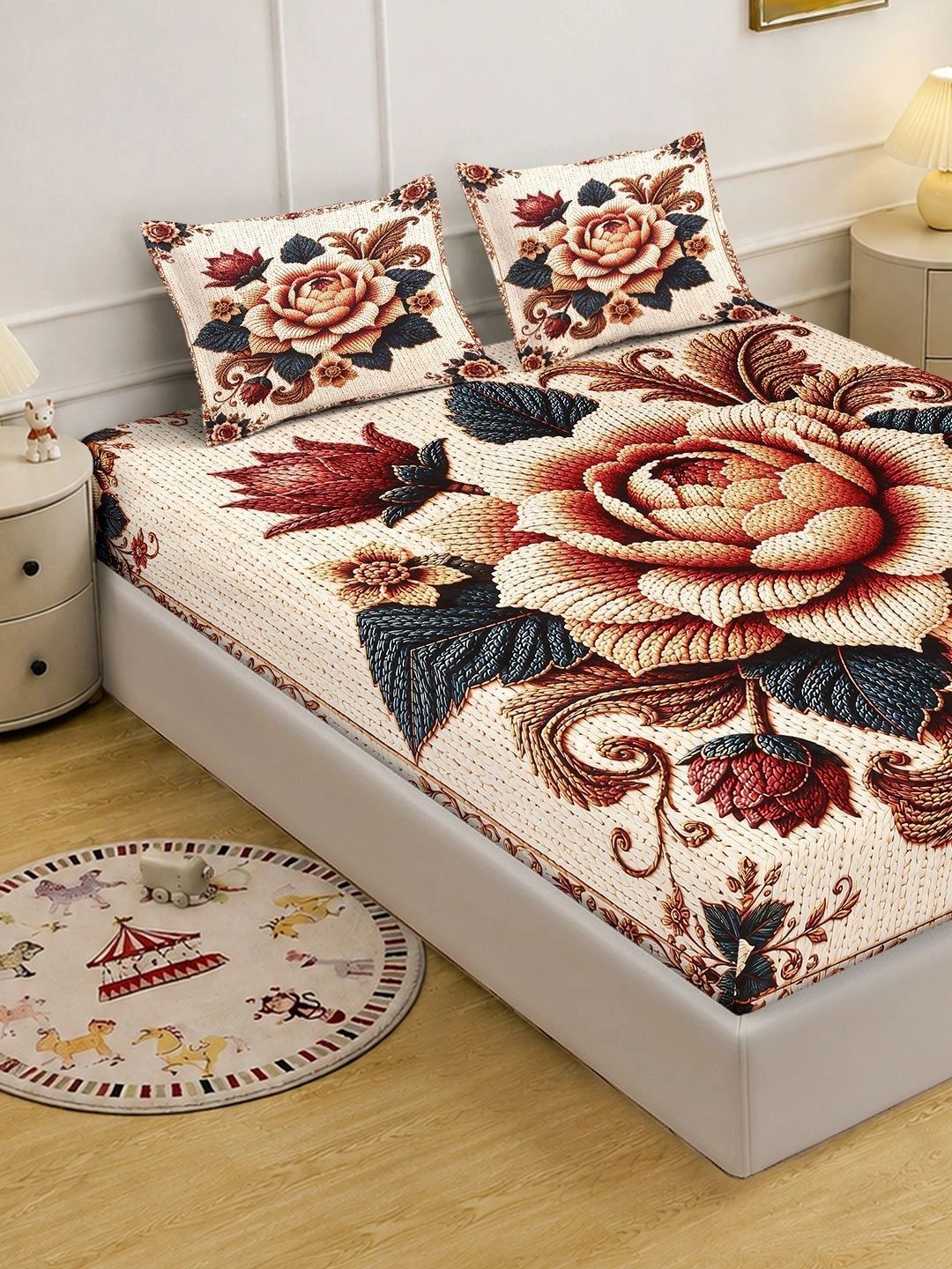 KLOTTHE Berwarna Krim & Bunga Merah 400 TC Cadar King dengan 2 Sarung Bantal