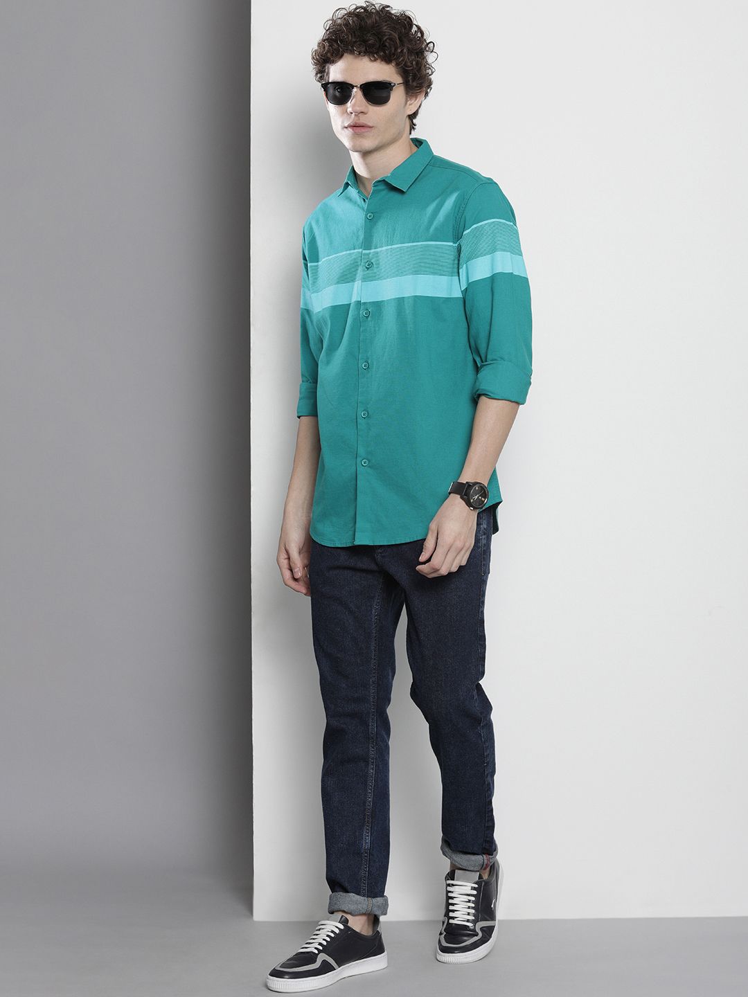 The Indian Garage Co Men Teal Horizontal Striped Cotton Casual Shirt