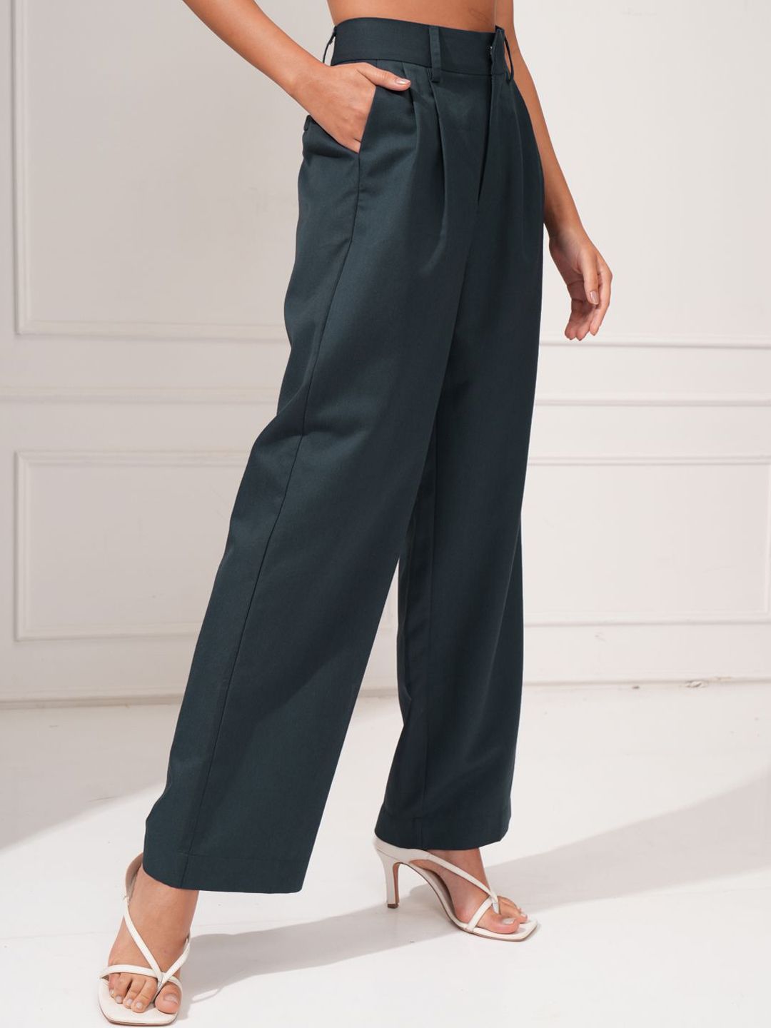 Tokyo Talkies Women Flared High-Rise Pleated Trousers