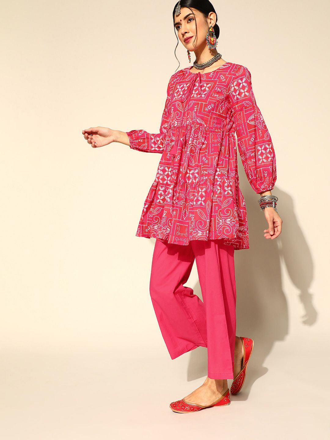 Anouk Pink Ethnic Printed Tunic with Trousers