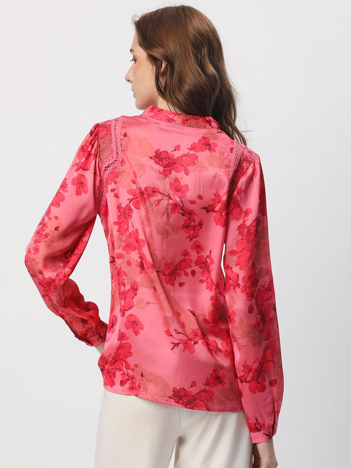 RAREISM Floral Printed Mandarin Collar Cuffed Sleeves Styled Back Top