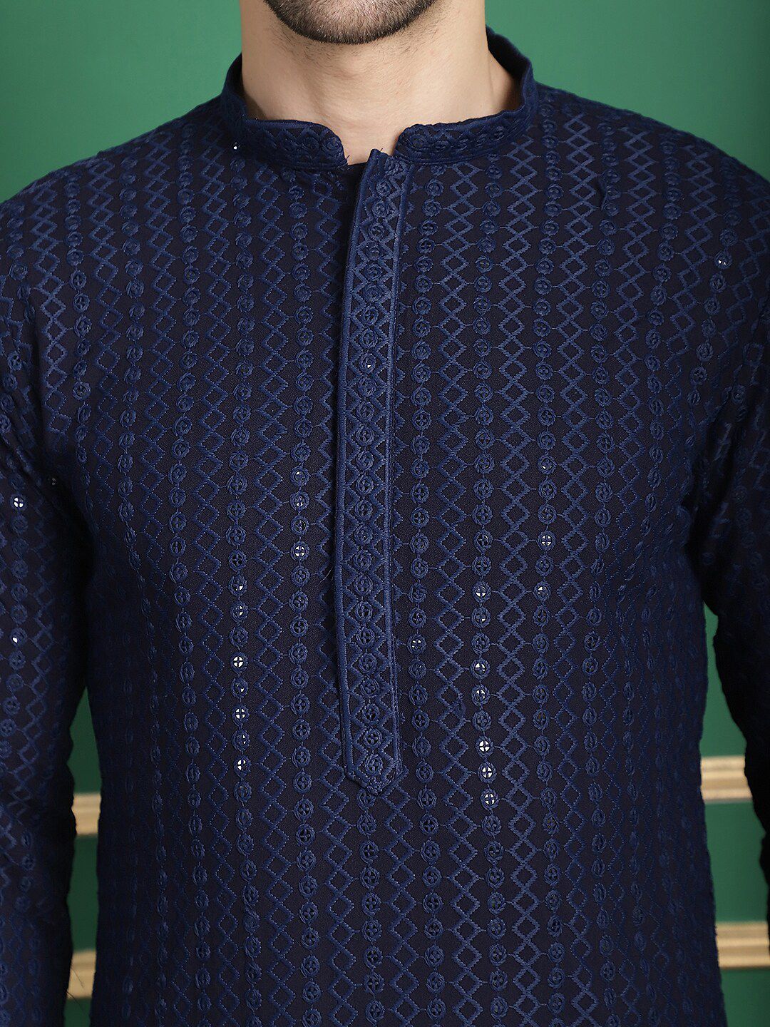 Anouk Navy Blue Geometric Embroidered Sequinned Kurta with Pyjamas