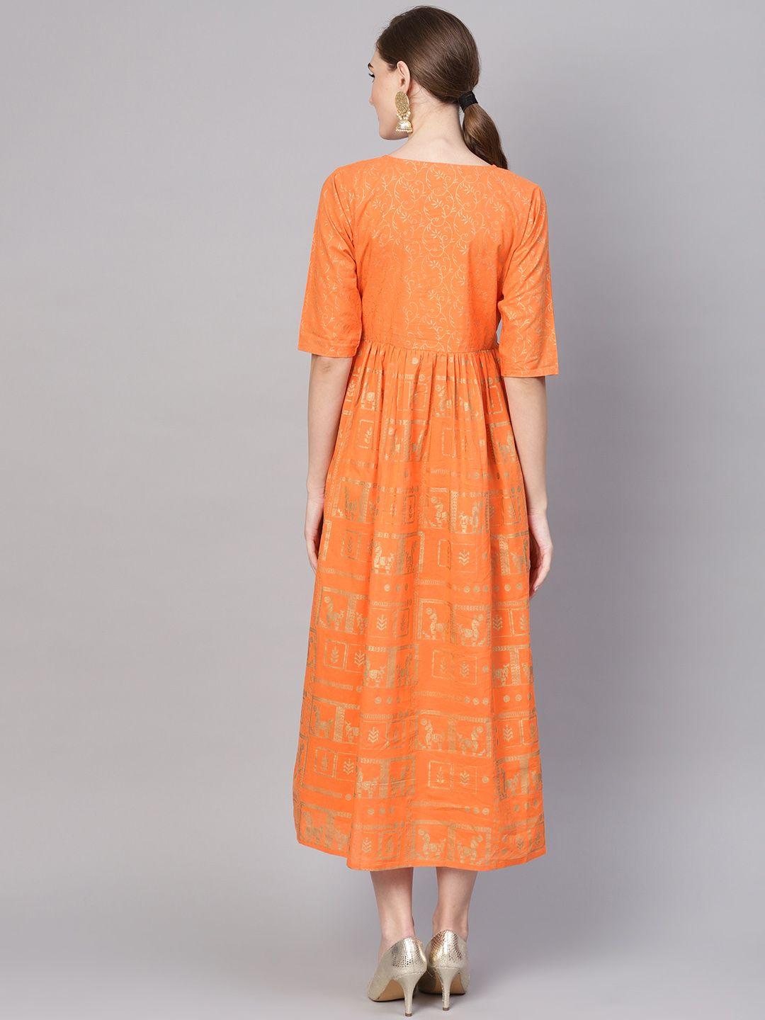 Gerua By Libas Women Orange  Golden Block Print Maxi Dress