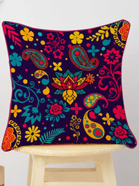 STITCHNEST Blue & Orange Set of 5 Floral Velvet Square Cushion Covers
