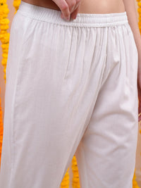 Vishudh White Floral Printed Empire Thread Work Pure Cotton Kurta with Trousers & Dupatta