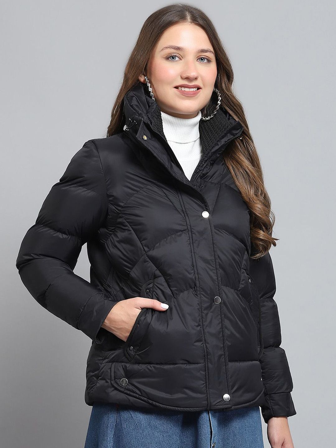 Monte Carlo Women Mock Collar Solid Casual Lightweight Puffer Jacket
