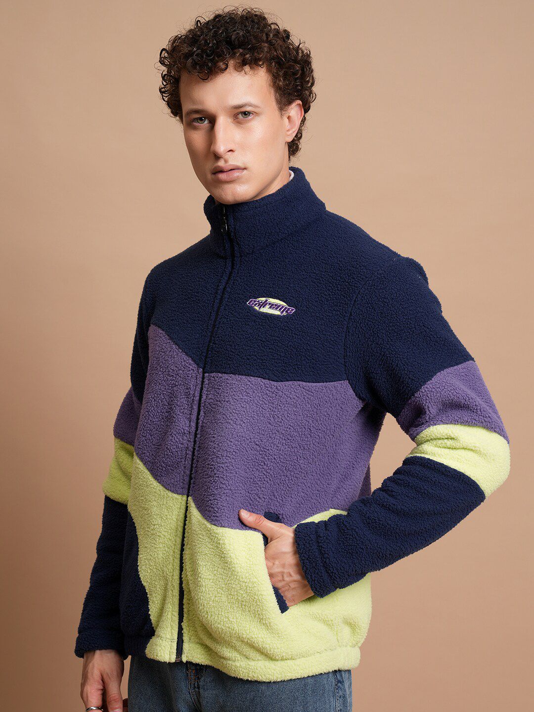HIGHLANDER Colourblocked Mock Collar Open Front Jacket
