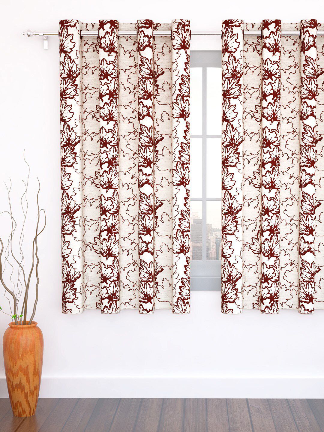 Story@home Maroon & Cream-Coloured Floral Window Curtain