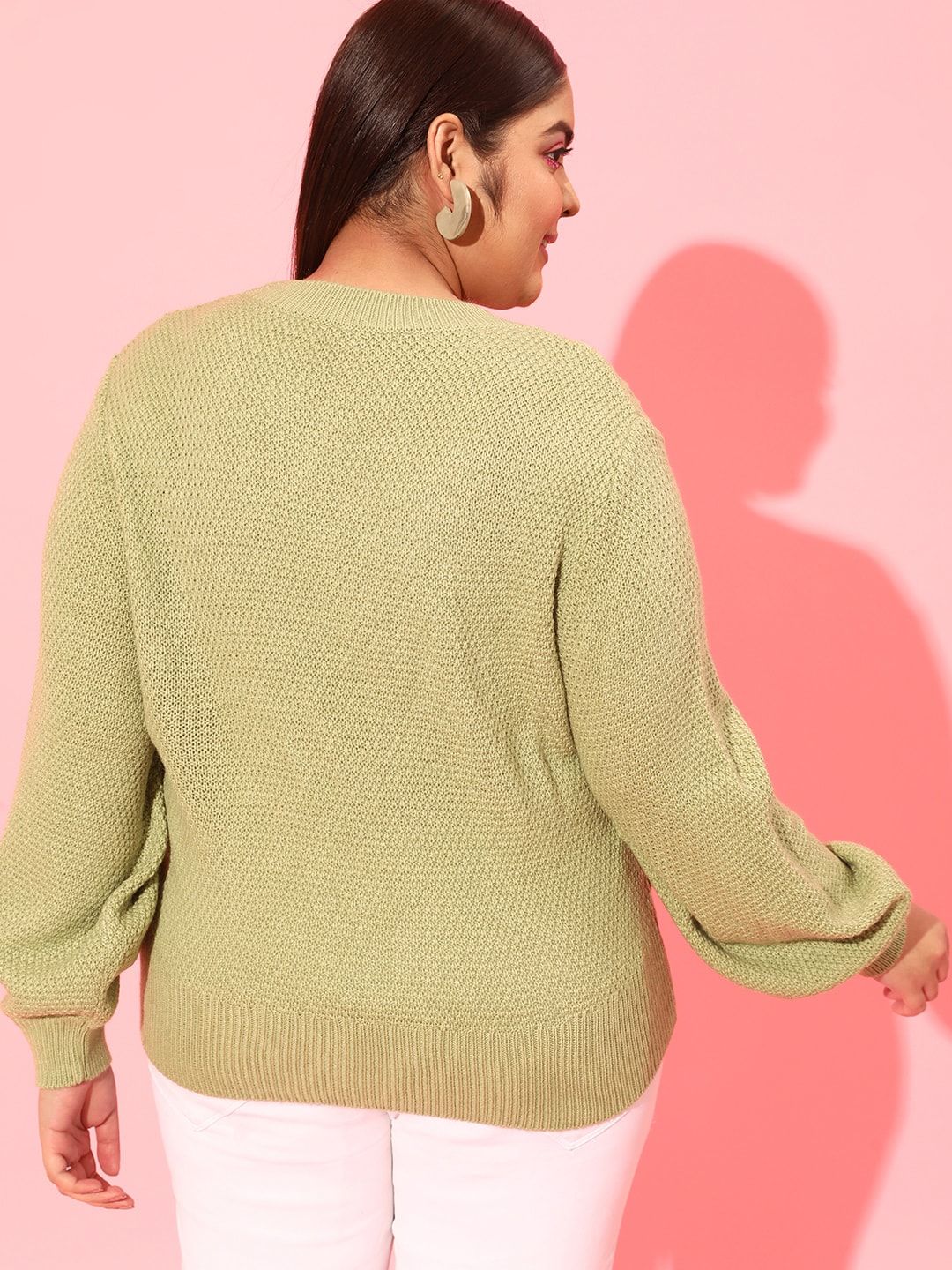CURVY STREET Plus Size Women Green Cable Knit Acrylic Pullover