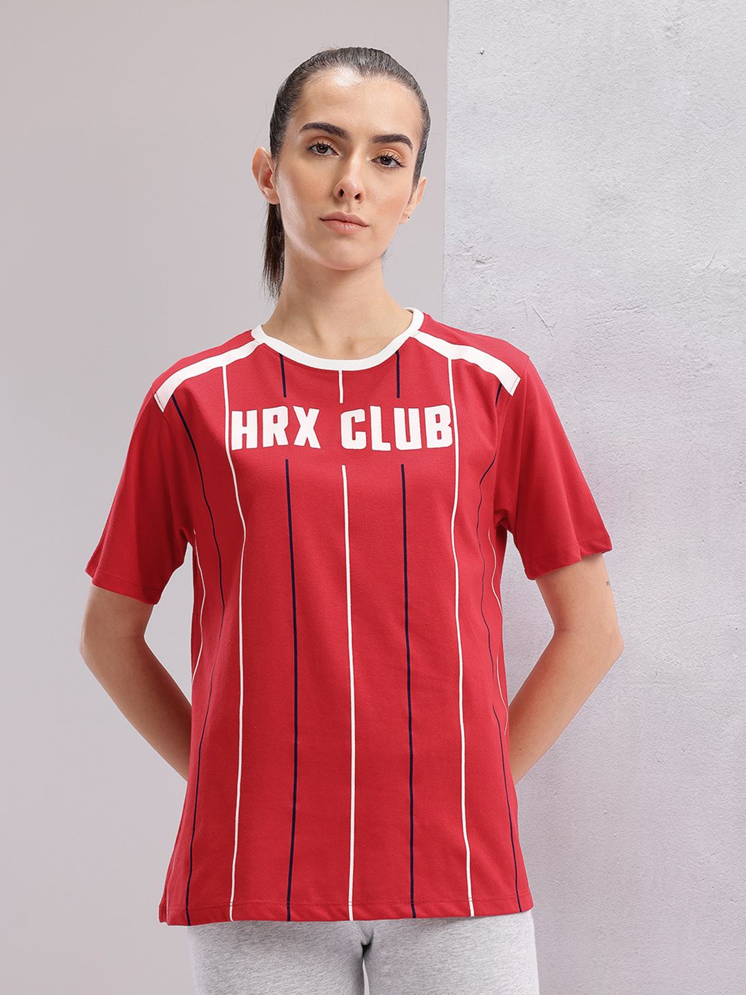 HRX by Hrithik Roshan Women Brand Logo Printed Striped T-shirt
