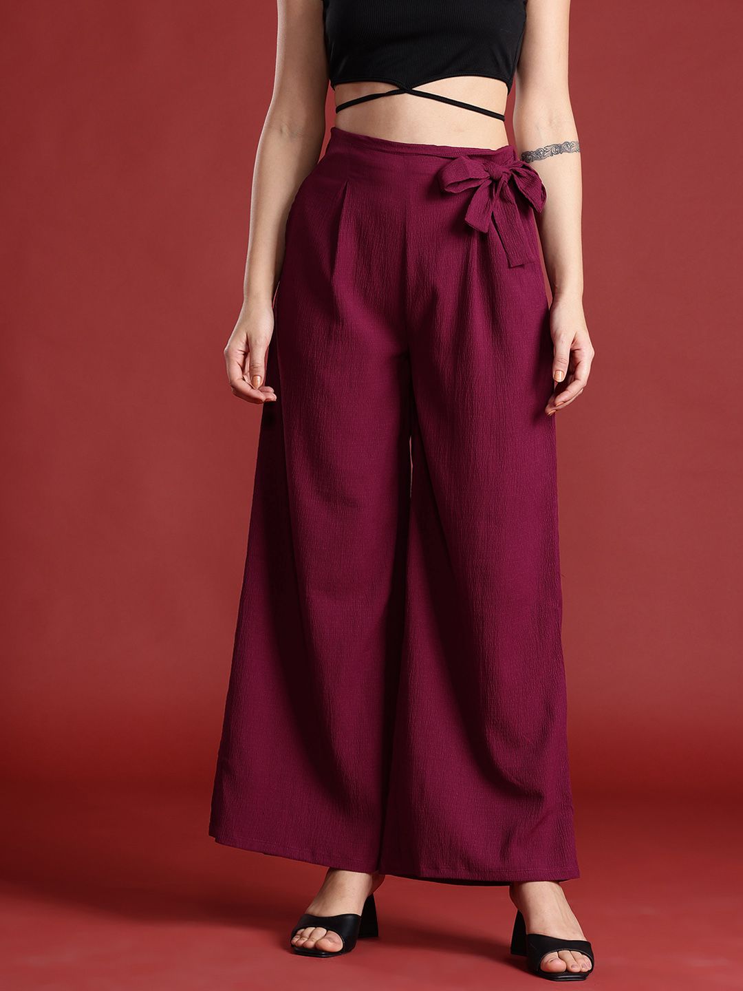 all about you Women Textured Pleated Tie-Up Detail Trousers