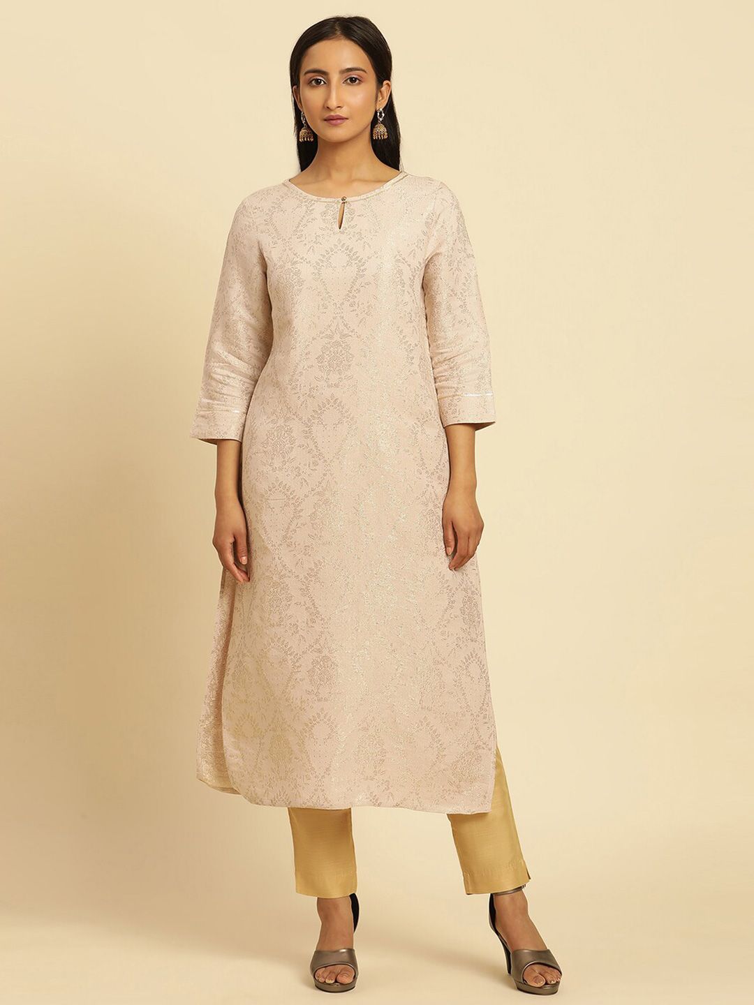 W Ethnic Printed Keyhole Neck Gotta Patti Kurta