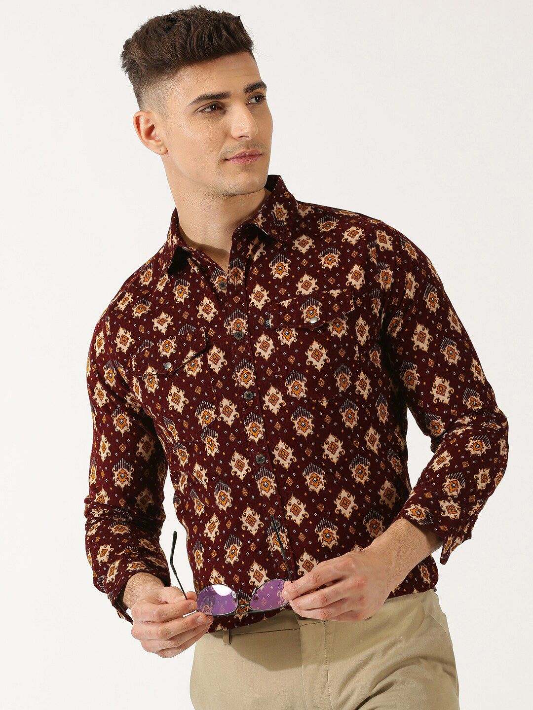 Thomas Scott Classic Slim Fit Ethnic Motifs Printed Pure Cotton Corduroy Semiformal Shirt