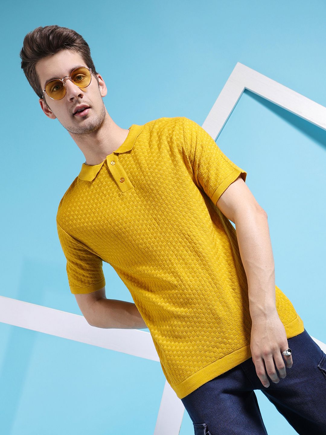 The Indian Garage Co Self Design Polo Collar Acrylic Pullover Sweater