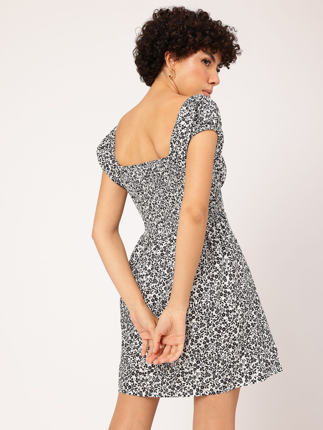 DressBerry Monochrome Magic Floral Smocked Mini Dress