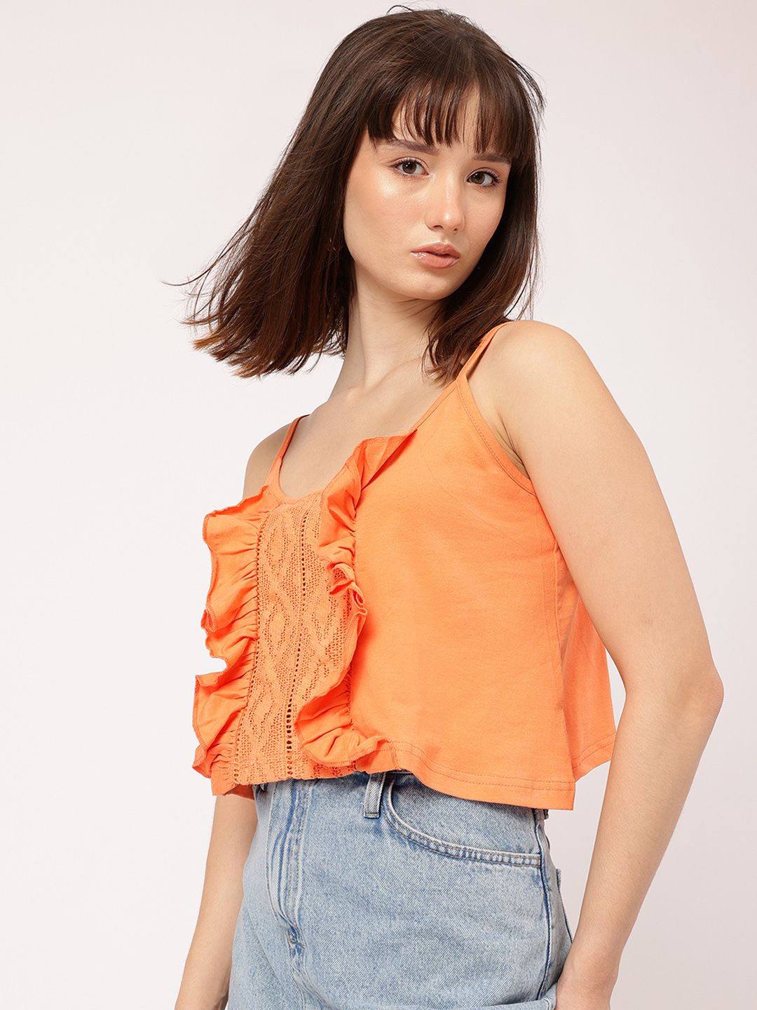DressBerry Butterfly Bling Shoulder Straps Lace-Inserted Ruffled Crop Top