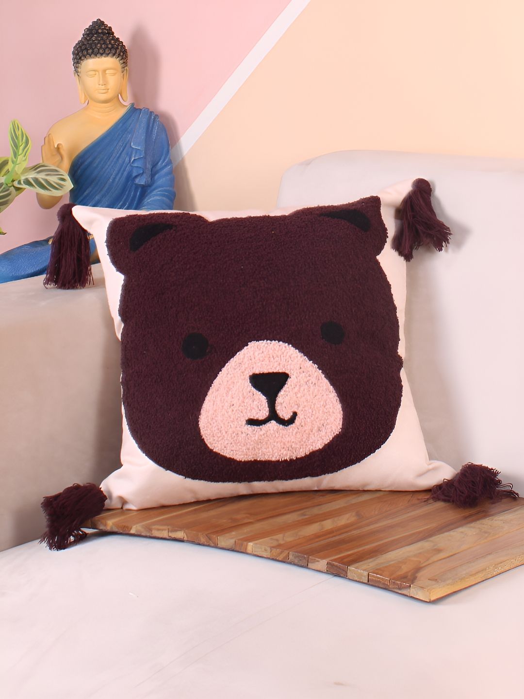 STITCHNEST Peach-Coloured & Brown Embroidered Square Cushion Cover