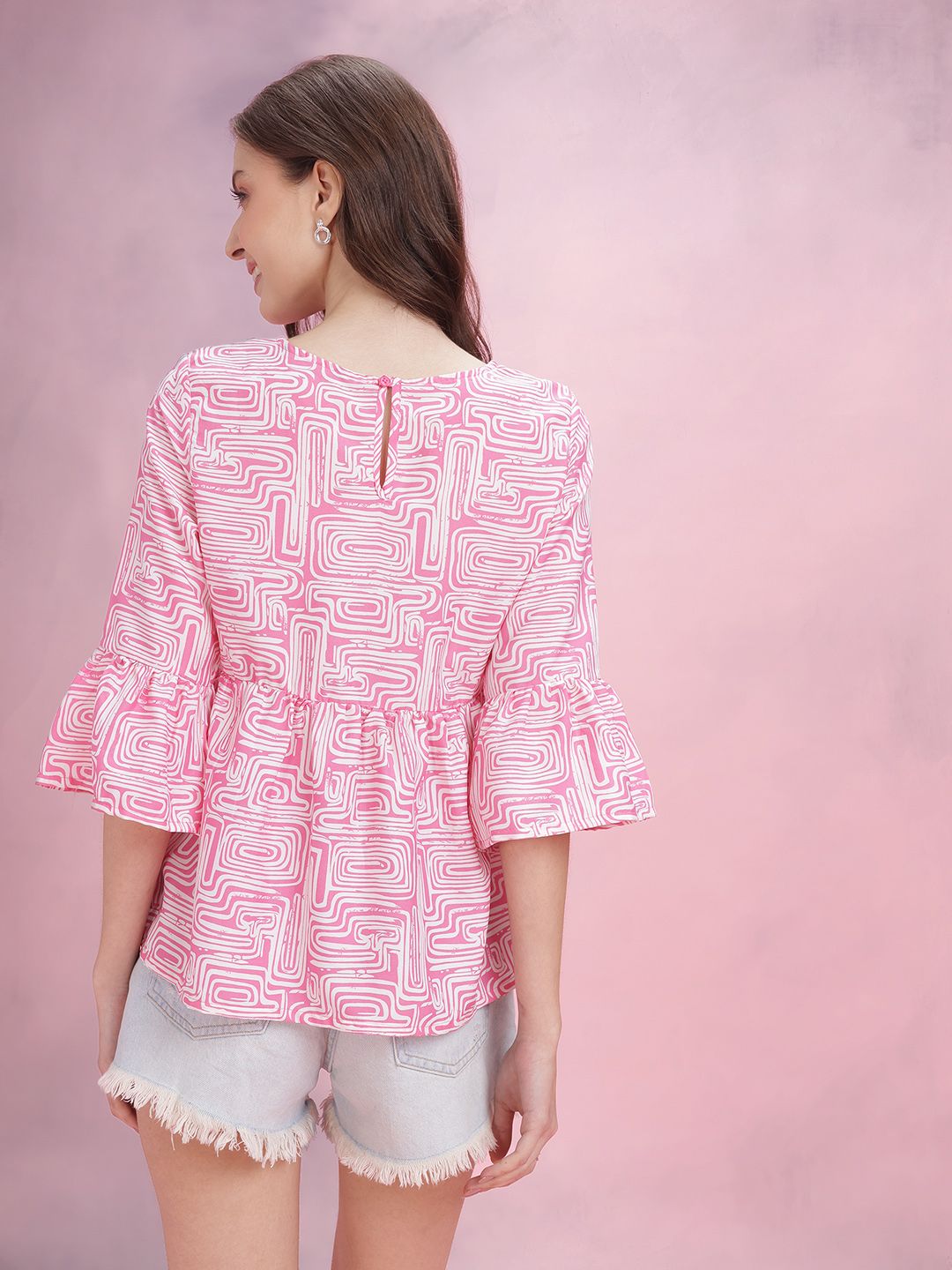 DressBerry Abstract Print Bell Sleeves Ruffled Peplum Top