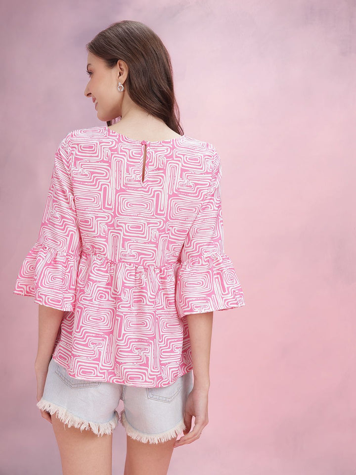 DressBerry Abstract Print Bell Sleeves Ruffled Peplum Top