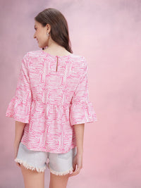 DressBerry Abstract Print Bell Sleeves Ruffled Peplum Top