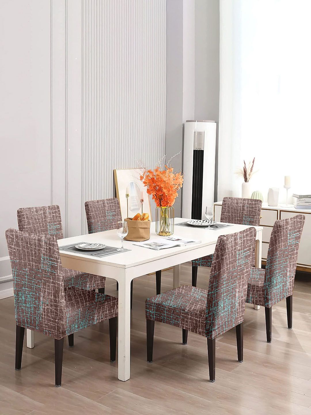 Cortina Brown 6-Pieces Abstract Printed Chair Covers