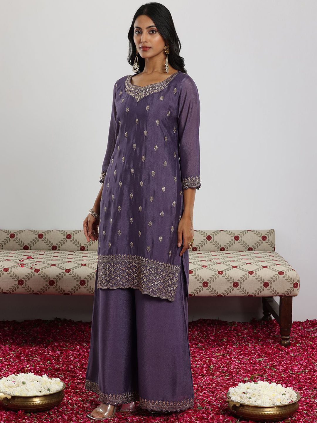 Libas Women Floral Embroidered Regular Kurta with Palazzos & With Dupatta