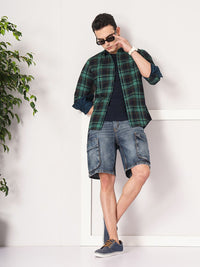 Garage India Co Green & Navy Blue Comfort Tartan diperiksa kemeja kapas terbalik