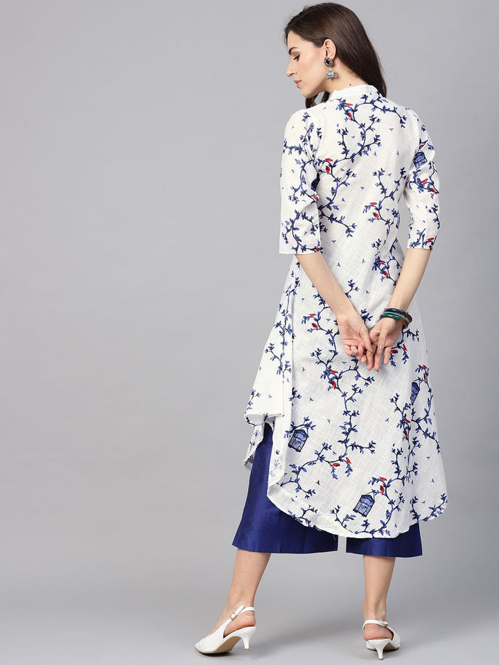 SOJANYA Kurta A-Line Bercetak Putih & Biru Wanita