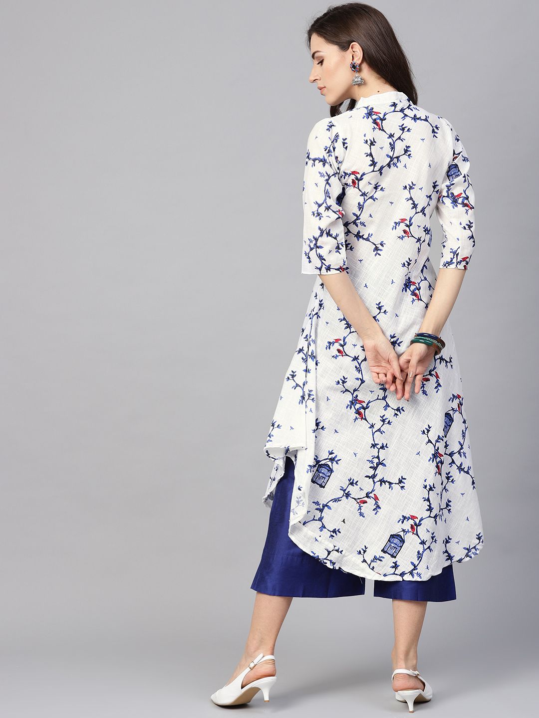 SOJANYA Kurta A-Line Bercetak Putih & Biru Wanita