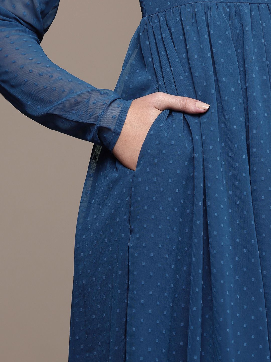 House of Pataudi Jashn Self Designed Embroidered Detail A-Line Midi Dress