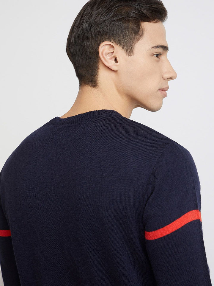 Raymond Men Navy Blue & Red Striped Pullover