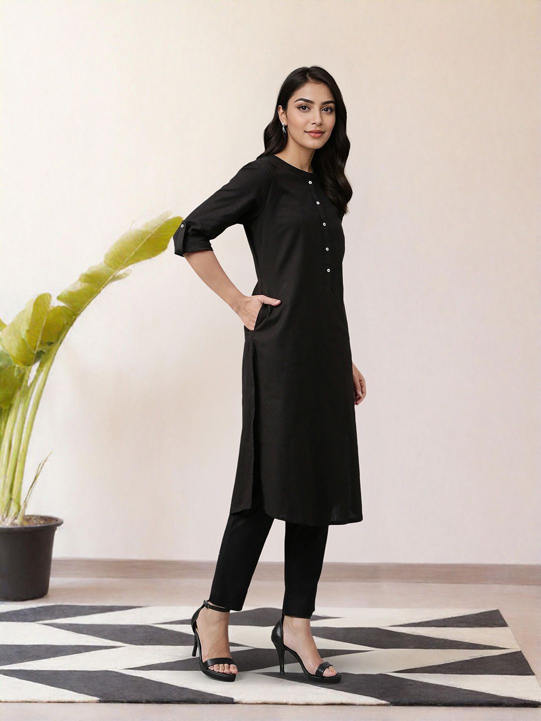 W Women Black Solid Mandarin Collar Cotton Kurta