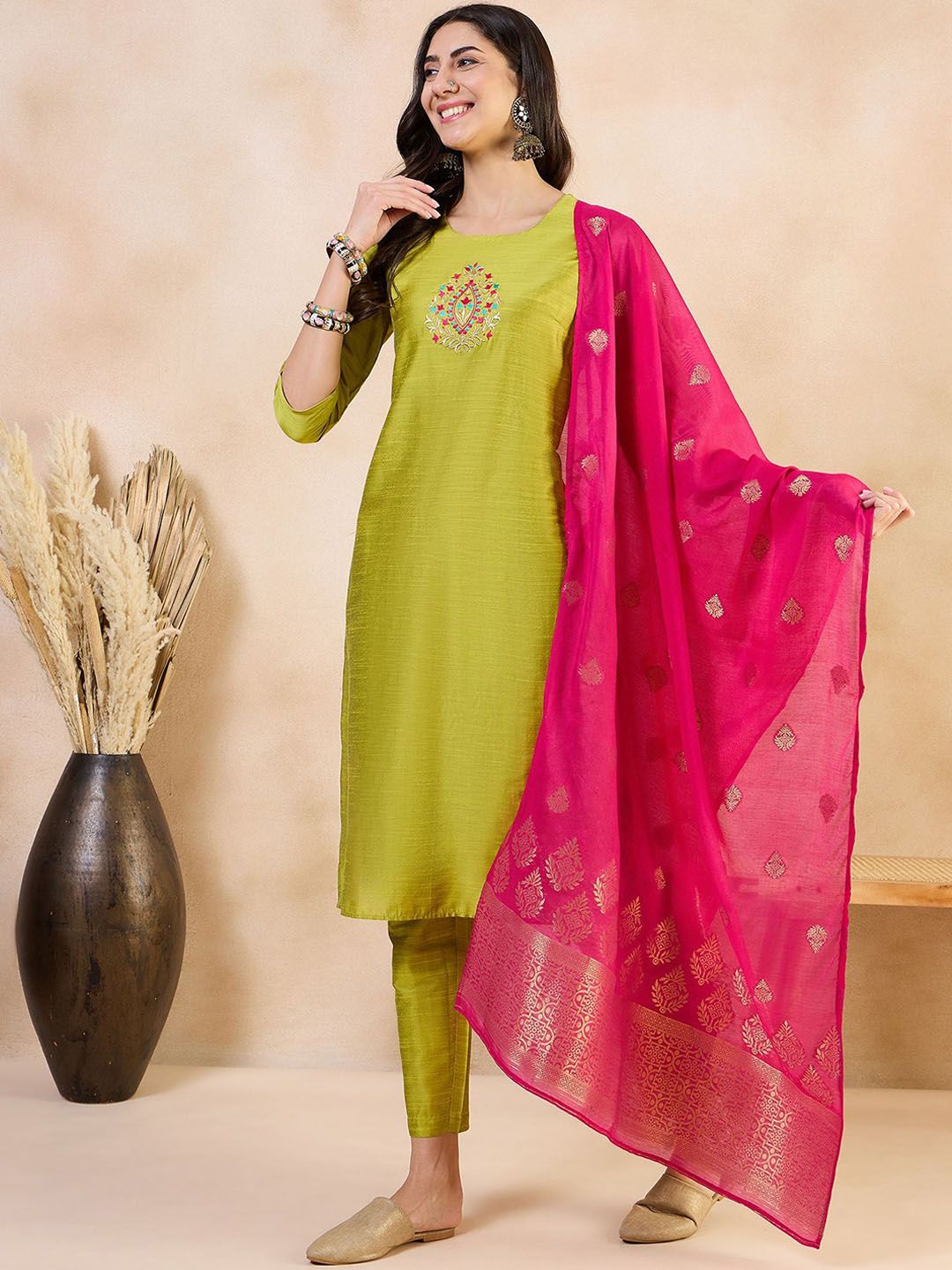 Anouk Green Floral Yoke Design Straight Kurta With Trousers & Dupatta