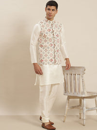 SOJANYA Men White Kurta with Churidar & Nehru Jacket