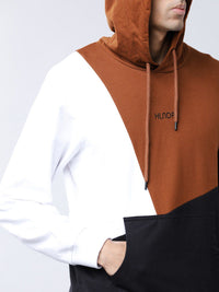 HIGHLANDER Men White & Brown Colourblocked Hooded Sweatshirt
