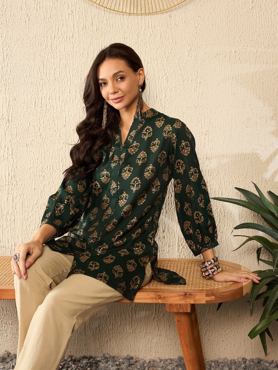 KALINI Women Ethnic Printed Mandarin Collar Regular Top