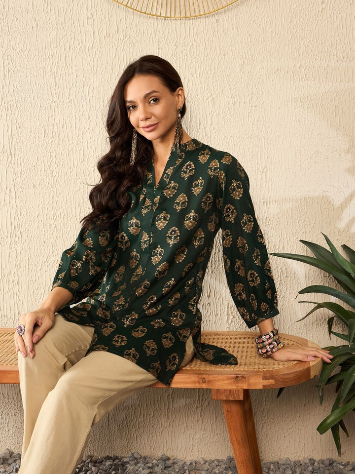 KALINI Women Ethnic Printed Mandarin Collar Regular Top