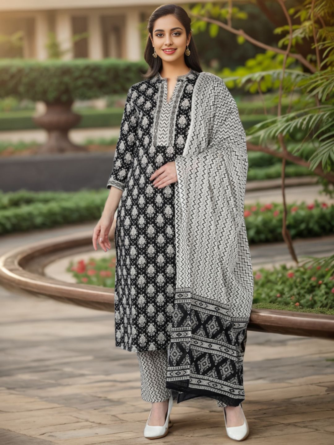 KALINI Ethnic Motifs Printed Mandarin Collar Kurta with Trousers & Dupatta