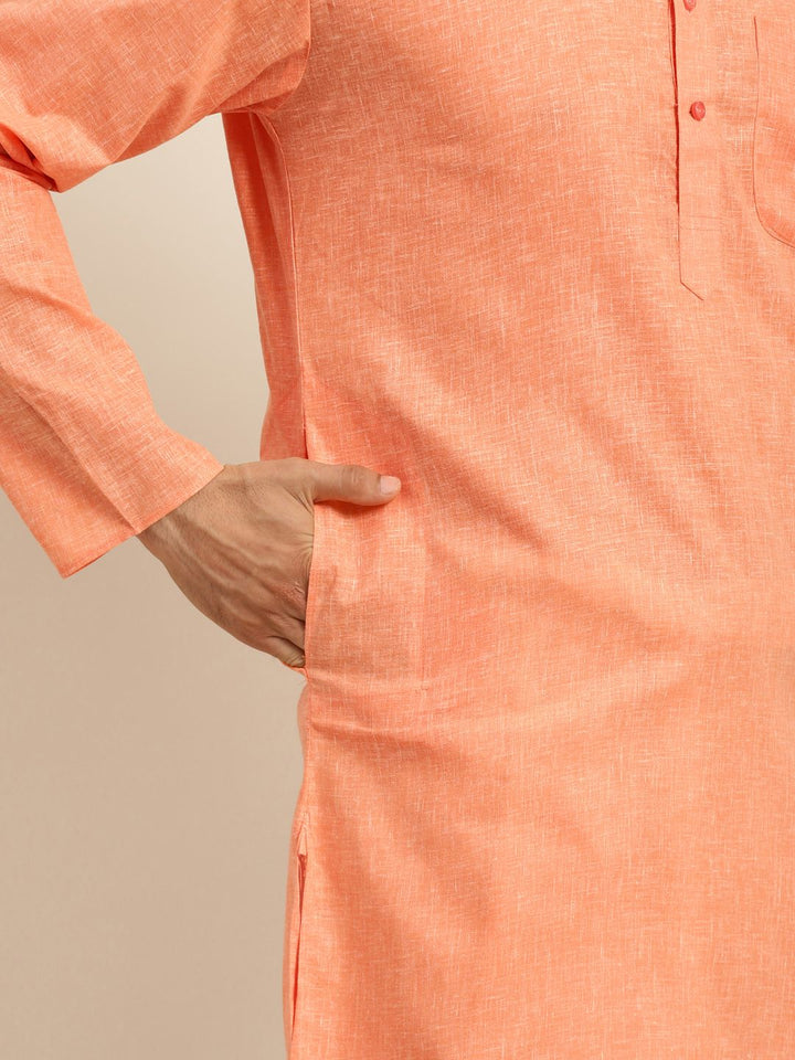 Anug by SOJANYA Men Orange Dobby Band Collar Kurta