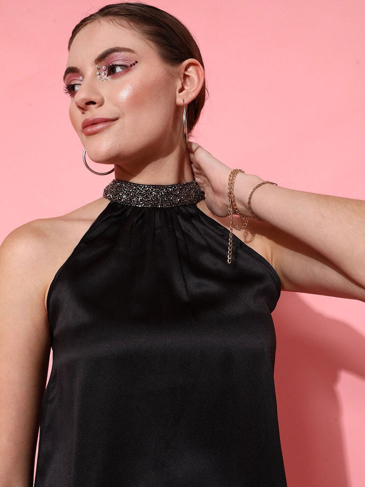 STREET 9 Women Black Embellished Halter Neck Top