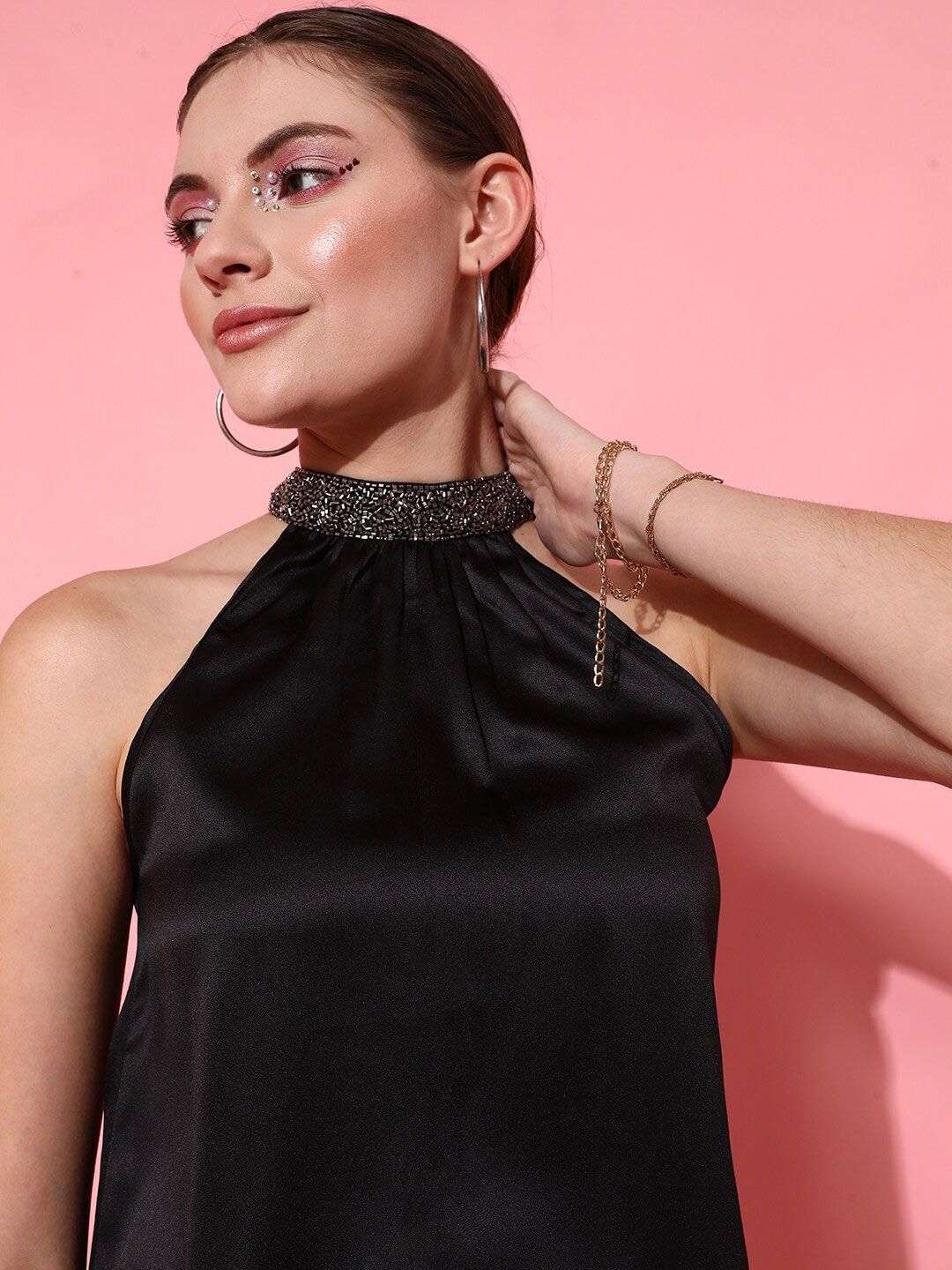 STREET 9 Women Black Embellished Halter Neck Top
