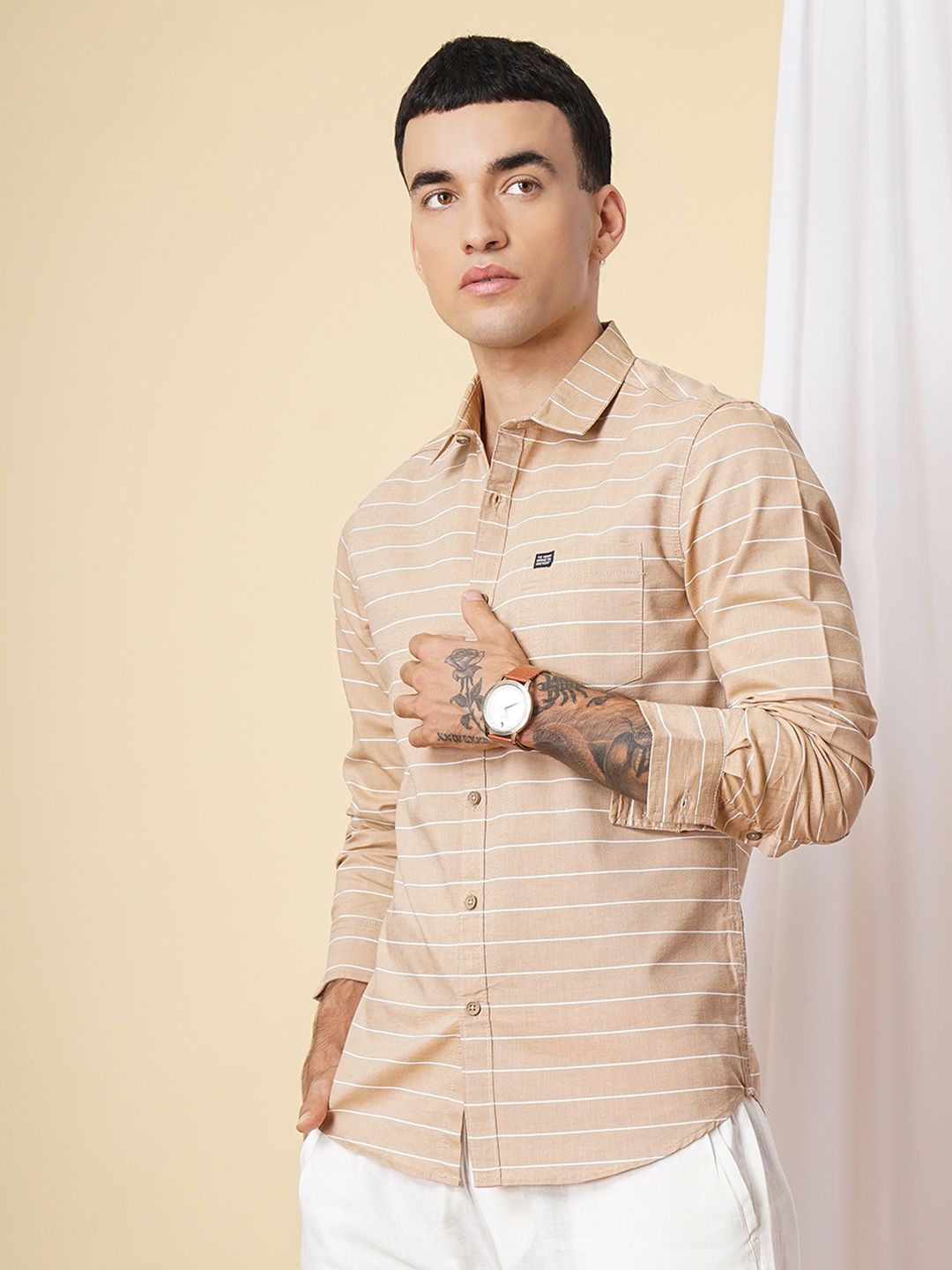 The Indian Garage Co Men Khaki Slim Fit Striped Pure Cotton Casual Shirt