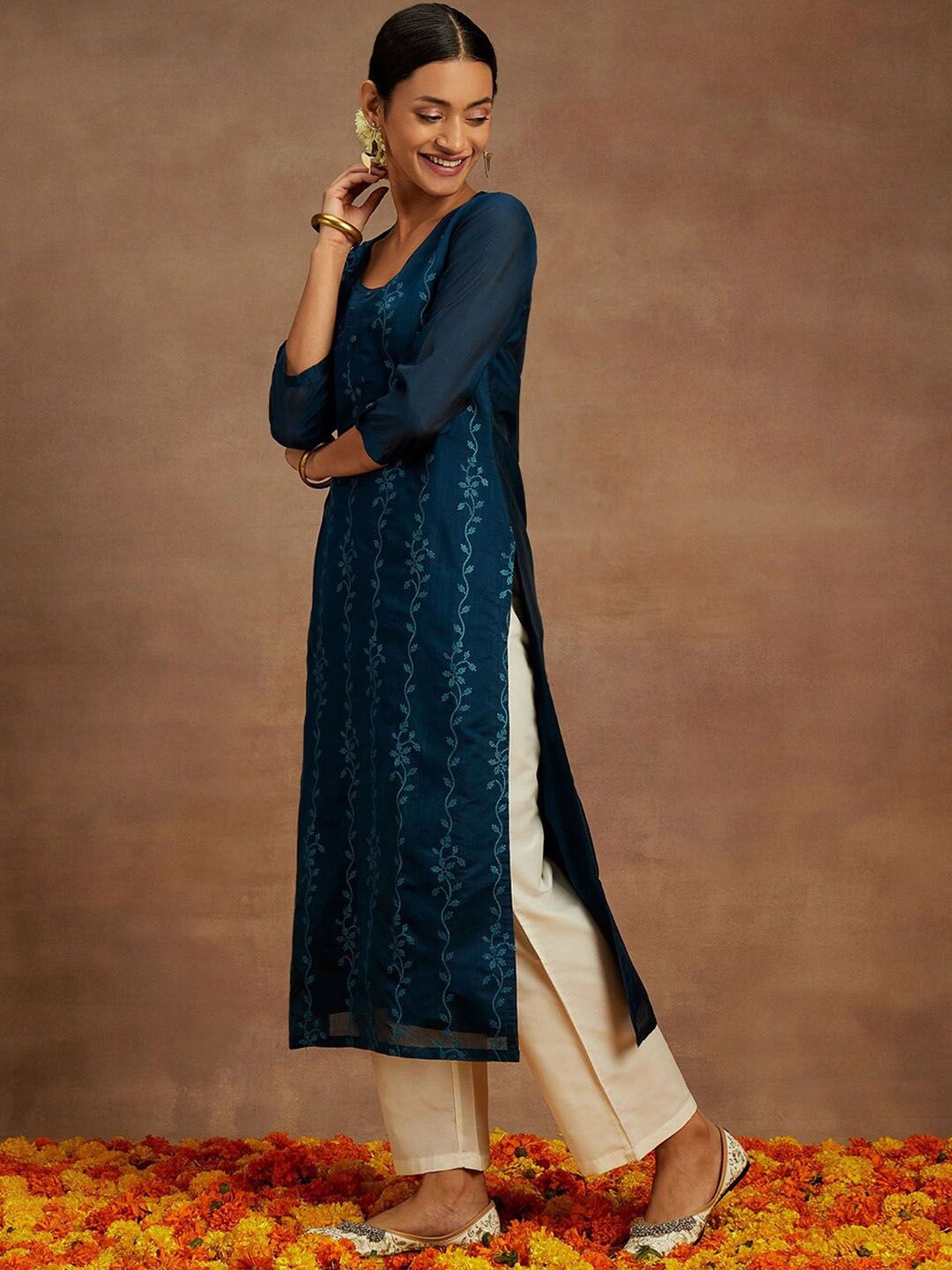 Libas Floral Embroidered Chanderi Silk Kurta