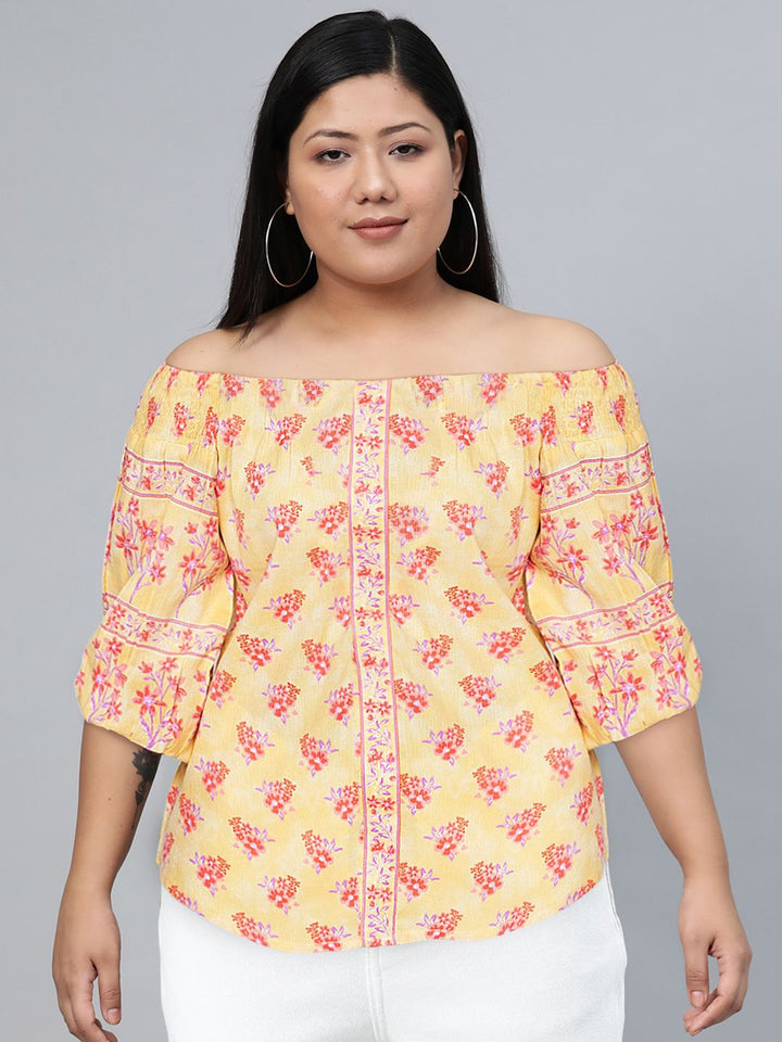 Global Desi Women Yellow & Pink Floral Printed Off-Shoulder Top