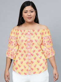 Global Desi Women Yellow & Pink Floral Printed Off-Shoulder Top